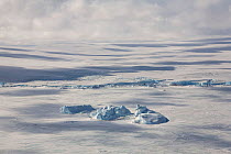 The ice dome of Snow Hill Island with small icebergs frozen in the sea ice. Weddell Sea, Antarctica, October 2006.