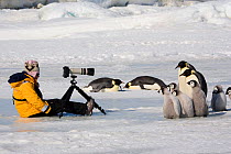 Woman with camera on tripod with audience of Emperor penguins (Aptenodytes forsteri) and their chicks posing. Snow Hill Island, Antarctica, October 2006.