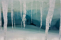 Icicles hanging from the edge of an undercut iceberg by the shore of Snow Hill Island, Antarctica, October 2009.