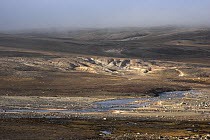 Light catches an area of solifluction and erosion in the Dombrava River Valley. Hurry Inlet, Scoresbysund, East Greenland, September 2005.