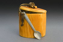 Late 19th Century Nenets tobacco box made from mammoth ivory, with a small metal spoon. Yamal, Northwest Siberia, Russia.