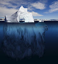 Ice arch iceberg showing the portion underwater that is sculpted by the sea. Polar regions. Digitally created image composite