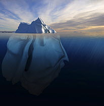 Melting iceberg showing the portion underwater that is sculpted by the sea. Polar regions. Digitally created image composite