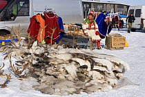 Saami woman selling Reindeer (Rangifer tarandus) skins and handicrafts at the Kautokeino Easter Festival. Finnmark, North Norway, March 2007.