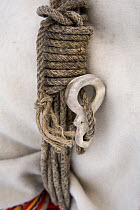 Detail of coiled rope lasso with a lasso ring made from reindeer antler. Kautokeino, Finnmark, North Norway, March 2007.