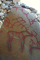 5-6000 year old rock painting from Alta depicting a moose and hunters. Finnmark, North Norway, March 2007.