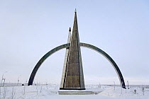 Monument of the Arctic Circle near Salekhard, Yamal, Northwest Siberia, Russia, February 2007.