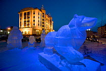 Ice sculpture of polar bear at night in the centre of Salekhard. Yamal, Western Siberia, Russia, August 2008.