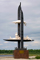 Monument to the first settlers of the Purovsky Region in Tarko-Sale. Purovsky, Yamal, Western Siberia, Russia, August 2008.