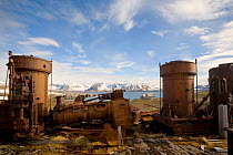 Rusty remains of the machinery used to mine marble at Camp Mansfield in 1911. Kongsfjorden, Svalbard, Norway, June 2006.