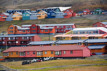 Wooden homes on the hillside in Longyearbyen. Spitsbergen, Svalbard, Norway, June 2006.