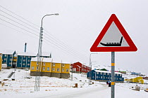 Traffic warning sign for sleds in Ilulissat. West Greenland, 2008.
