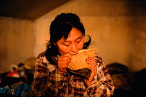 Inuit woman chewing on a piece of sealskin to soften it. Igloolik, Nunavut, Canada, 1987. Editorial use only.
