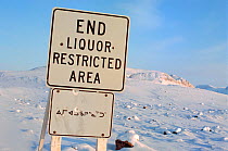 Alcohol restriction sign near the Inuit community of  Arctic Bay, Baffin Island, Nunavut, Canada, 2005.