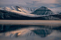Mountains and altocumulus clouds reflected in Hall Basin. Ellesmere Island, Nunavut, Canada.