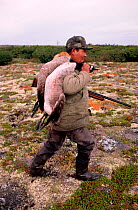 Cree hunter with Canada goose (Branta canadensis) that he has shot. James Bay, Quebec, Canada, 1988.