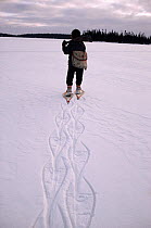 Cree man leaving footprints with his snowshoes. Quebec, Canada, 1988.