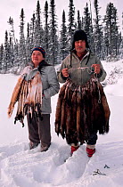Cree trapper and wife with autumn catch of Pine martens (Martes martes), Quebec, Canada, 1988.