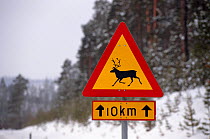 Sign warning motorists of Reindeer crossing the road. Inari, Finland, 1996.
