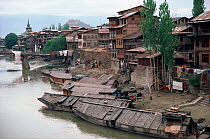 Houseboats on Jhelum River. Srinagar, Kashmir, India, 1986.