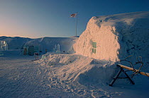 Exterior view of worlds largest igloo, the Ice Hotel at Jukkasjarvi, Sweden, 1993.