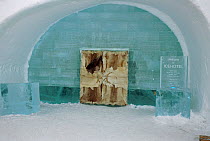 Reindeer (Rangifer tarandus) skins covering door to the Ice Hotel. Jukkasjarvi, Sweden, 2003.