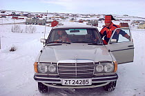 Successful reindeer herder with his Mercedes car. Kautokeino, North Norway, 1985.