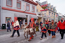 Sami herders on demonstration about injustice, with Reindeer (Rangifer tarandus), Tromso, Norway, 2000.