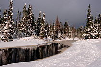 Small river winding through snow covered boreal forest. Labrador, Canada, 1997.