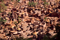 Mud houses and thatched granaries in Dogon village of Tireli. Mali, West Africa, 1981.