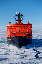 Russian Nuclear Icebreaker "Sovetskiy Soyuz" cutting through sea ice. Arctic Ocean, 1998.