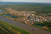 Aerial view of community of Inuvik and Mackenzie River. Nunavut, Canada, 1996.