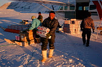 Inuit youth carrying carton of Pepsi from supply plane at Savissivik. Northwest Greenland, 1996. Editorial use only.