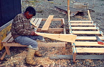 Inuk hunter shaping upstander for traditional sled. Thule, Northwest Greenland, 1985.