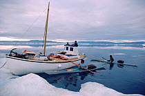 Inuit hunters in kayaks returning to boat. Northwest Greenland, 1985.
