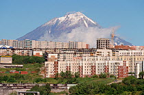 Regional capital city Petropavlovsk with Avachinskij Volcano beyond. Kamchatka, Siberia, Russia, 1999.