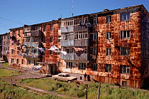 Apartment blocks with rusting facades in Petropavlovsk. Kamchatka, Siberia, Russia, 1999.