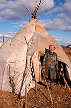 Even woman outside her yurt at camp near Khailino. Koryakia, Kamchatka, Siberia, Russia, 1999.
