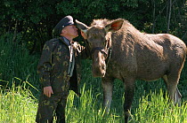 Moose specialist with his favourite Moose (Alces alces). Sumarkova Moose Farm. Kostroma, Russia, 2002.