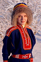 Sami woman wearing replica of traditional Kola Peninsula Sami dress. Sami Culture Centre, Lovozero. Murmansk, Northwest Russia, 2005.