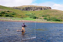 Salmon angler fly fishing in Falls Pool on the Eastern Litza River. Kola Peninsula, Northwest Russia, 2005.