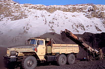 Truck being loaded with coal at Kotuy Mine, the most northerly coal mine on Russian mainland. Taymyr, Northern Siberia, Russia, 2004.