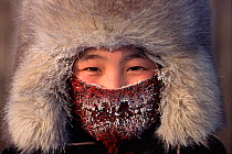 Girl frosted up at -52 degrees celsius in winter. Verkhoyansk, Yakutia, Siberia, Russia, 1999.