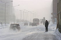 Street scene in Norilsk during winter storm. Western Siberia, Russia, 2000.
