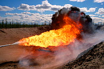 Burning off impure gas in Gazprom's Yamsavey gas fields near Nadym. Yamal, Western Siberia, Russia, 2000.