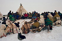 Meeting between Nenets reindeer herders and gas company officials. Yamal. Siberia. Russia, 1993.
