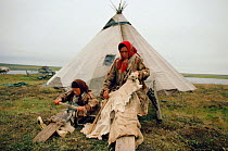 Nenets mother and daughter softening Reindeer / Caribou skins to be used for making clothes. Yamal, Siberia, Russia, 1993.