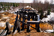 Remains of railway bridge built by prisoners of the Kinzhalnyi Stalin Camp near Salekhard. Yamal, Western Siberia, Russia, 2003.