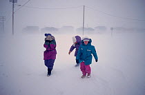 Inuit children walking into the wind during a storm at George River. Ungava Bay, Quebec, Nunavik, Canada, 1998.