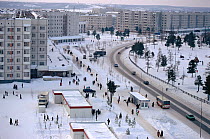 View across main street in the town of Nadym, Western Siberia, Russia, 1997.